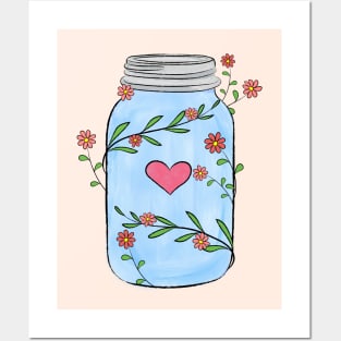 Mason Jar With Flowers, Leaves and a Heart Posters and Art